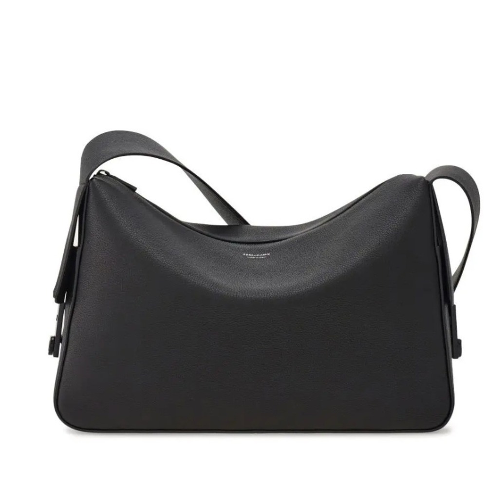 Salvatore Ferragamo Black Pebbled Leather Mens Gancini Shoulder Bag Italy 241709
